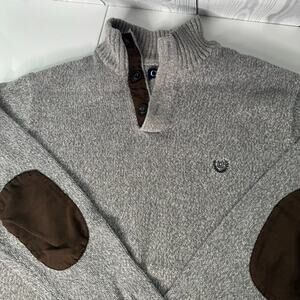 VTG Chaps Sweater Mens M Brown Elbow Pads Henley Chunky Knit Logo Speckled